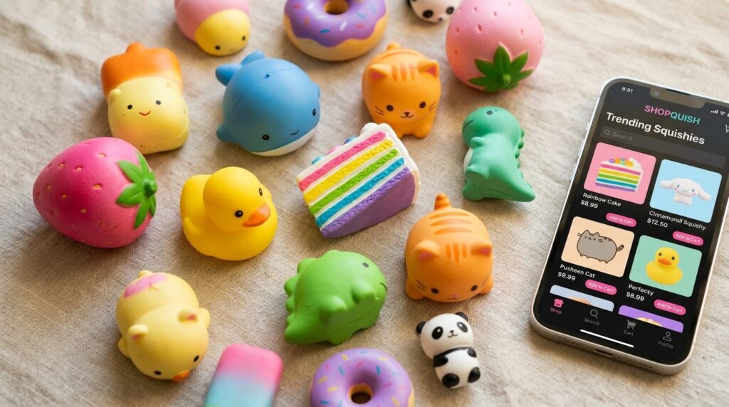 Close-up flatlay overhead shot of multiple squishy toys in d