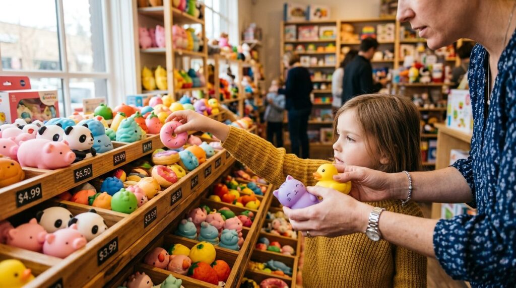 Parent and child hands selecting colorful squishy toys from