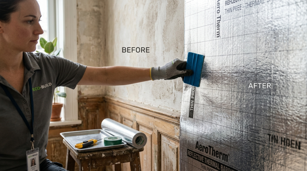 Close-up detail shot of professional installer applying refl