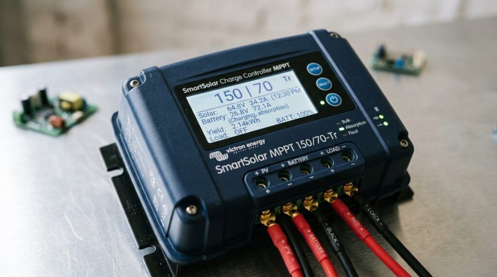 Close-up detail shot of a Victron Energy solar regulator dev