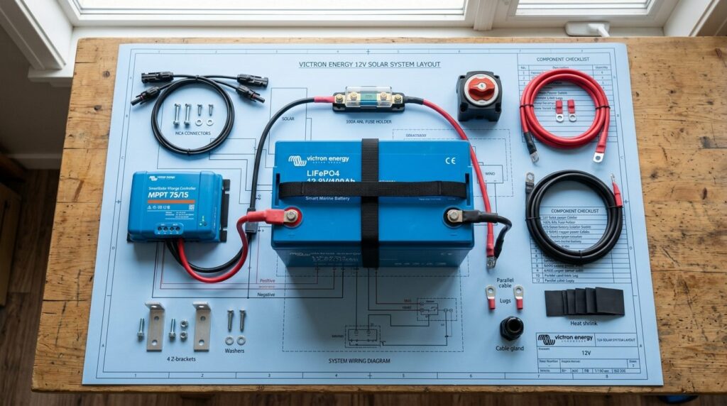 Overhead flat-lay composition of Victron Energy 12V solar sy