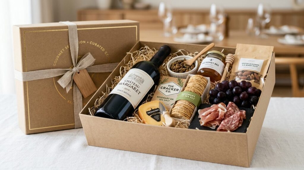 Elegantly curated wine gift box arrangement, close-up detail