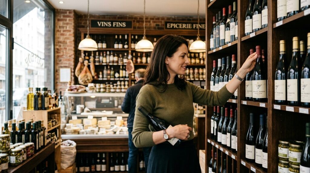Woman selecting premium wine bottle from collection in upsca